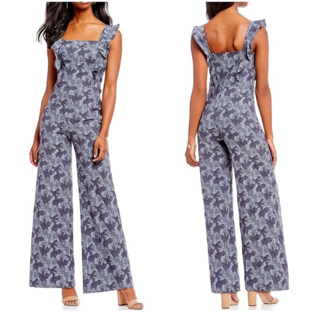 Chelsea & Violet Jumpsuit Small Blue Chambray Floral Sqaure Sleeveless Halter